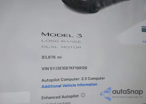 2019 Tesla Model 3 Long Range/Performance z USA, uszkodzony, nr VIN 5YJ3E1EB7KF199129